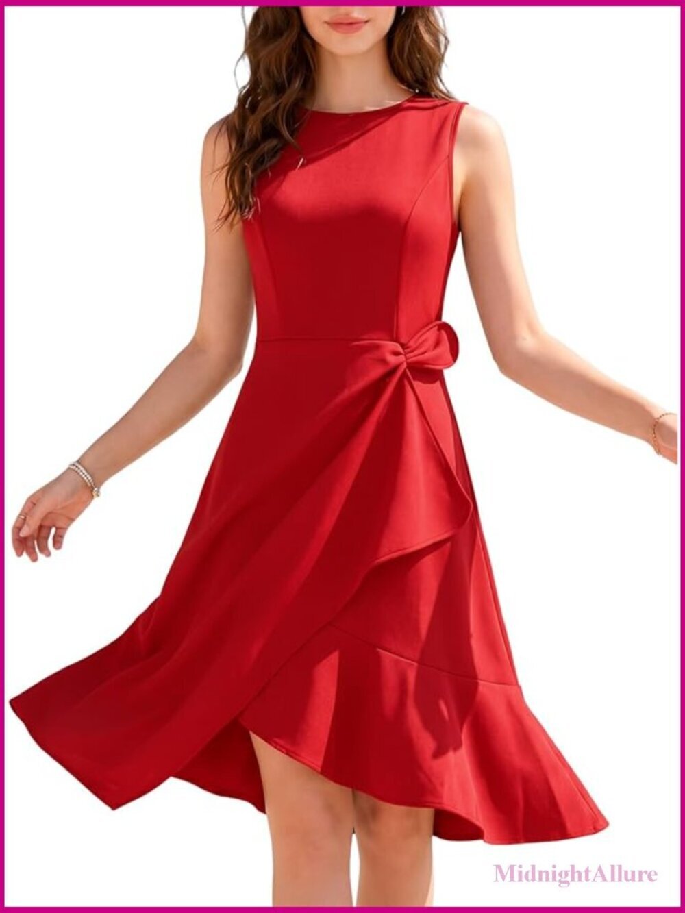 Sleeveless A-Line Midi Dress Ruched Waist Semi Formal